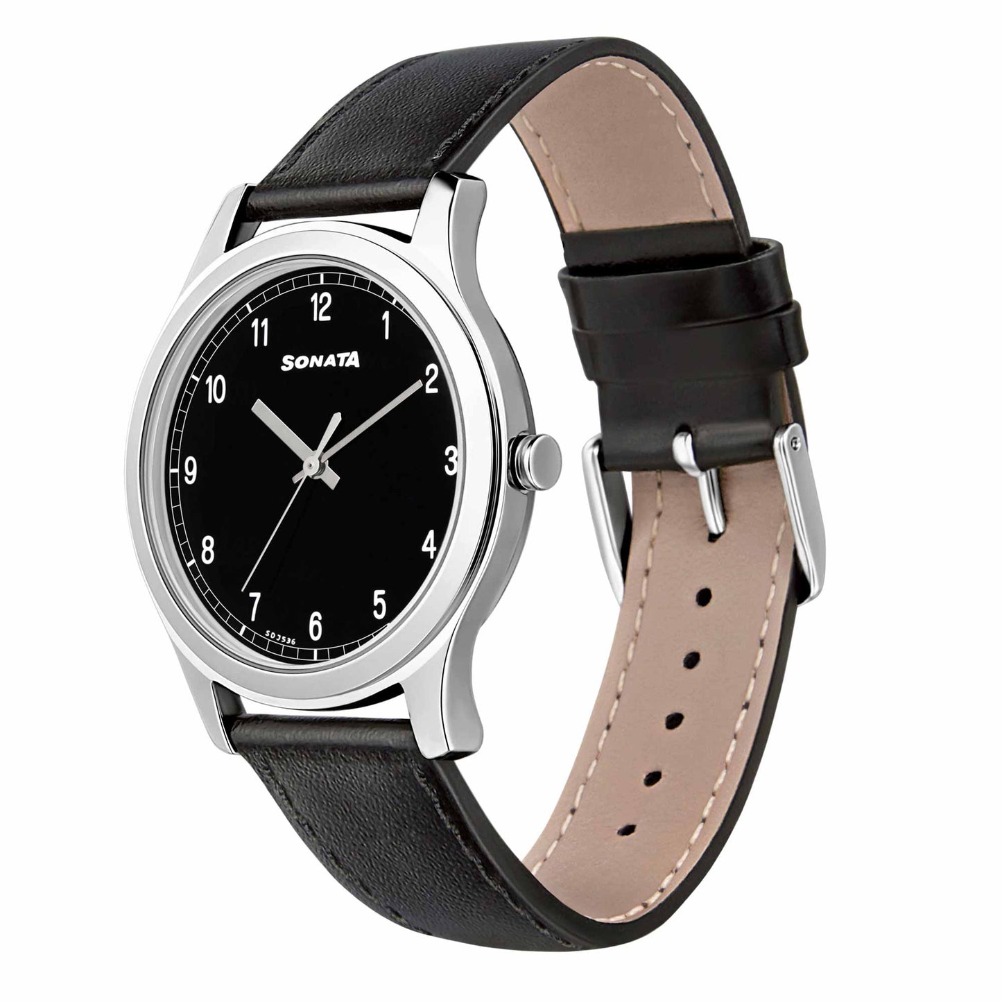 Sonata Quartz Analog Black Dial Leather Strap Watch for Men