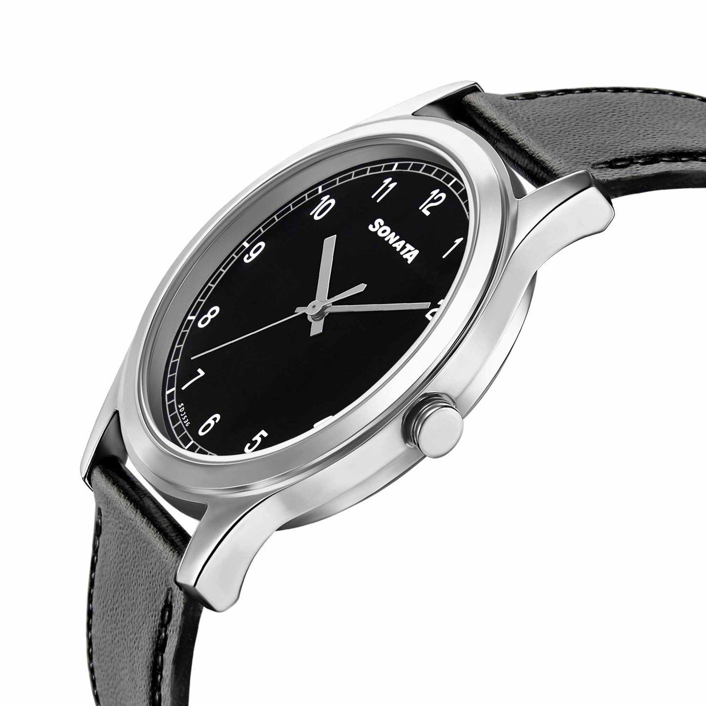 Sonata Quartz Analog Black Dial Leather Strap Watch for Men