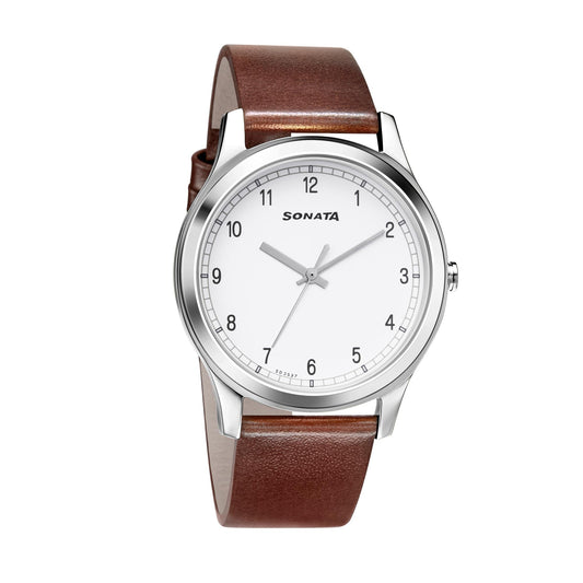 Sonata Quartz Analog White Dial Leather Strap Watch for Men