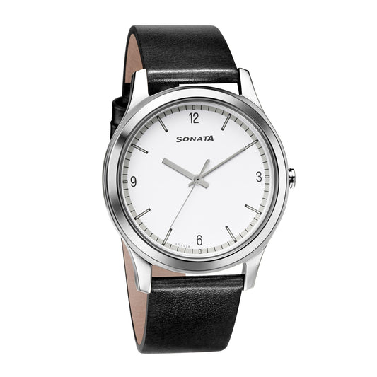 Sonata Quartz Analog White Dial Leather Strap Watch for Men