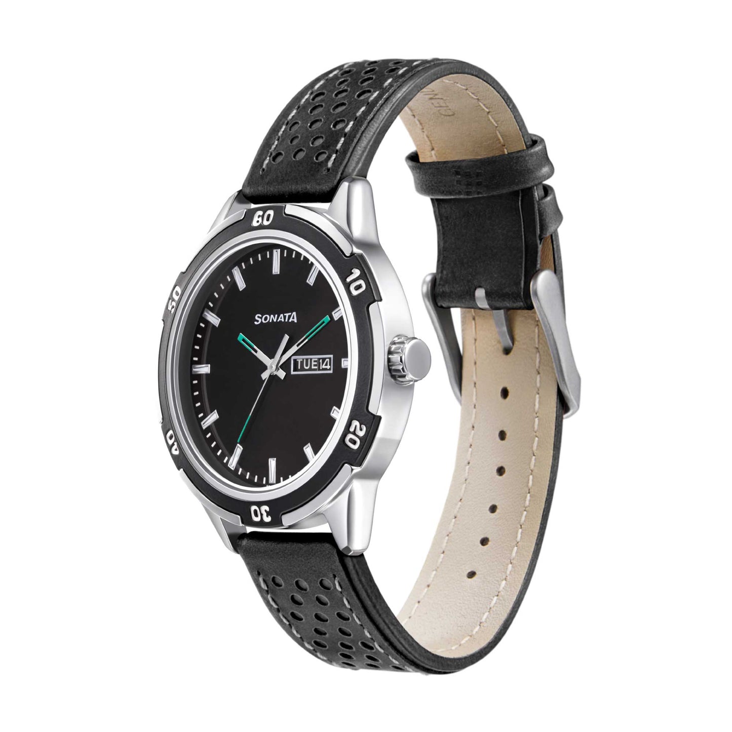 Sonata Quartz Analog with Day and Date Black Dial Leather Strap Watch for Men