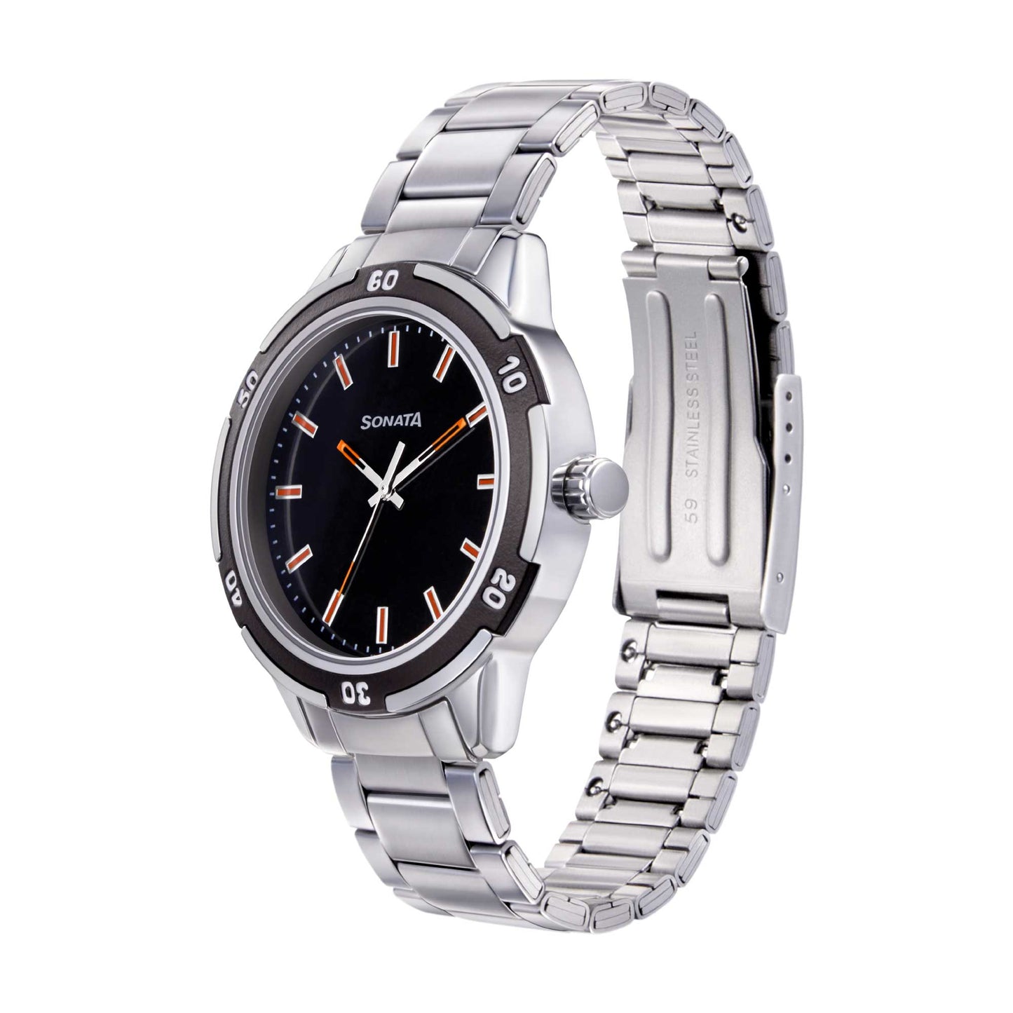 Sonata Quartz Analog Black Dial Metal Strap Watch for Men