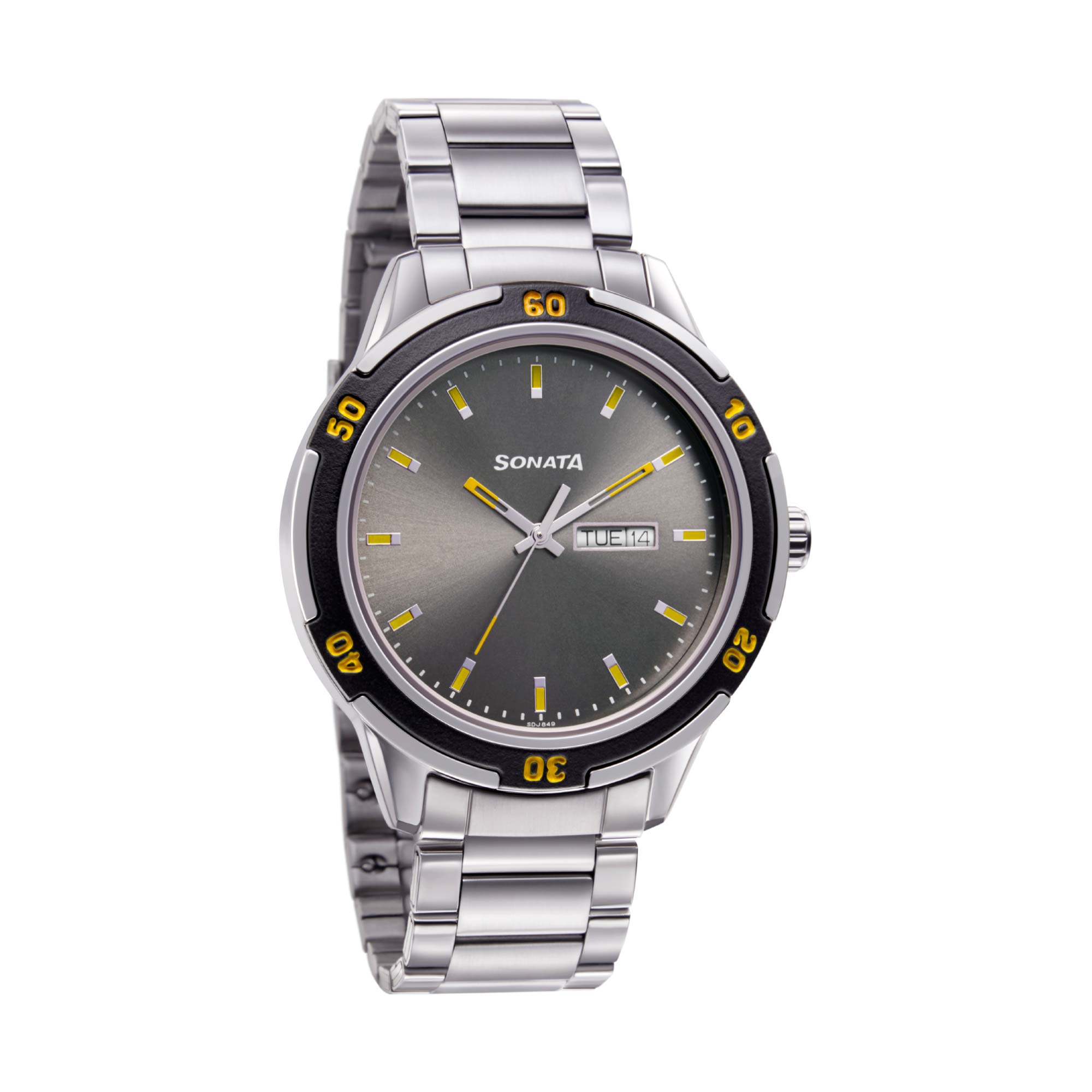 Sonata Quartz Analog with Day and Date Grey Dial Metal Strap Watch for Men