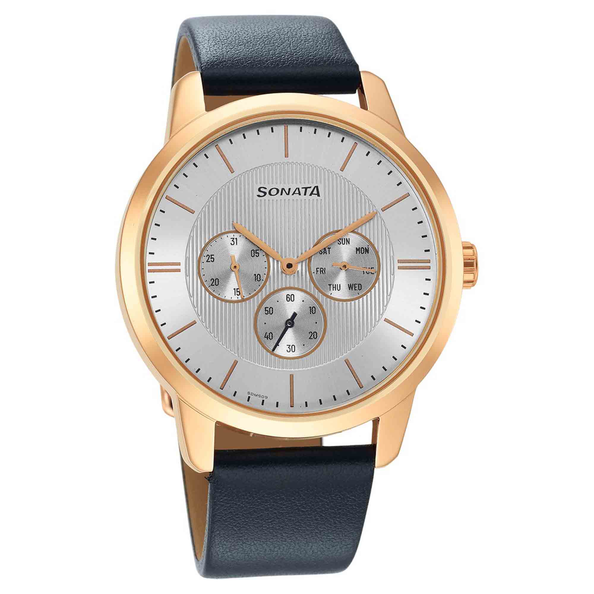 Sonata Quartz Multifunction Silver Dial Leather Strap Watch for Men