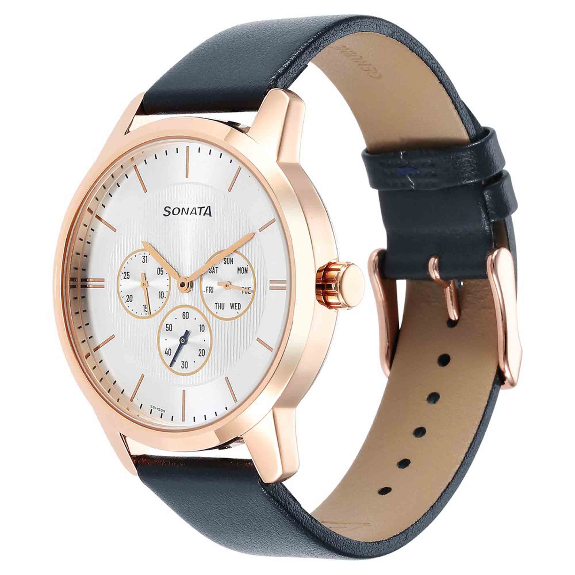 Sonata Quartz Multifunction Silver Dial Leather Strap Watch for Men