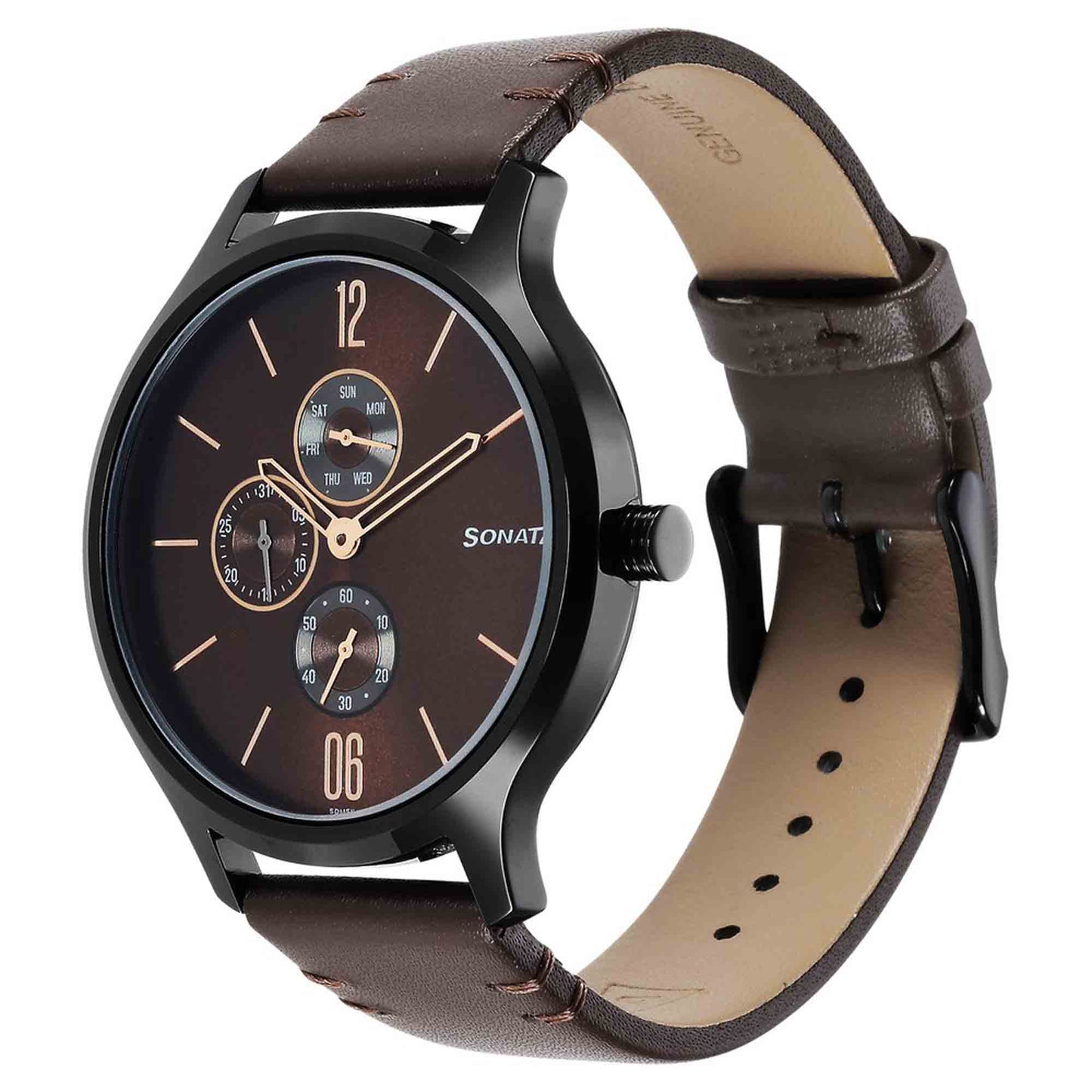 Sonata Quartz Multifunction Brown Dial Leather Strap Watch for Men