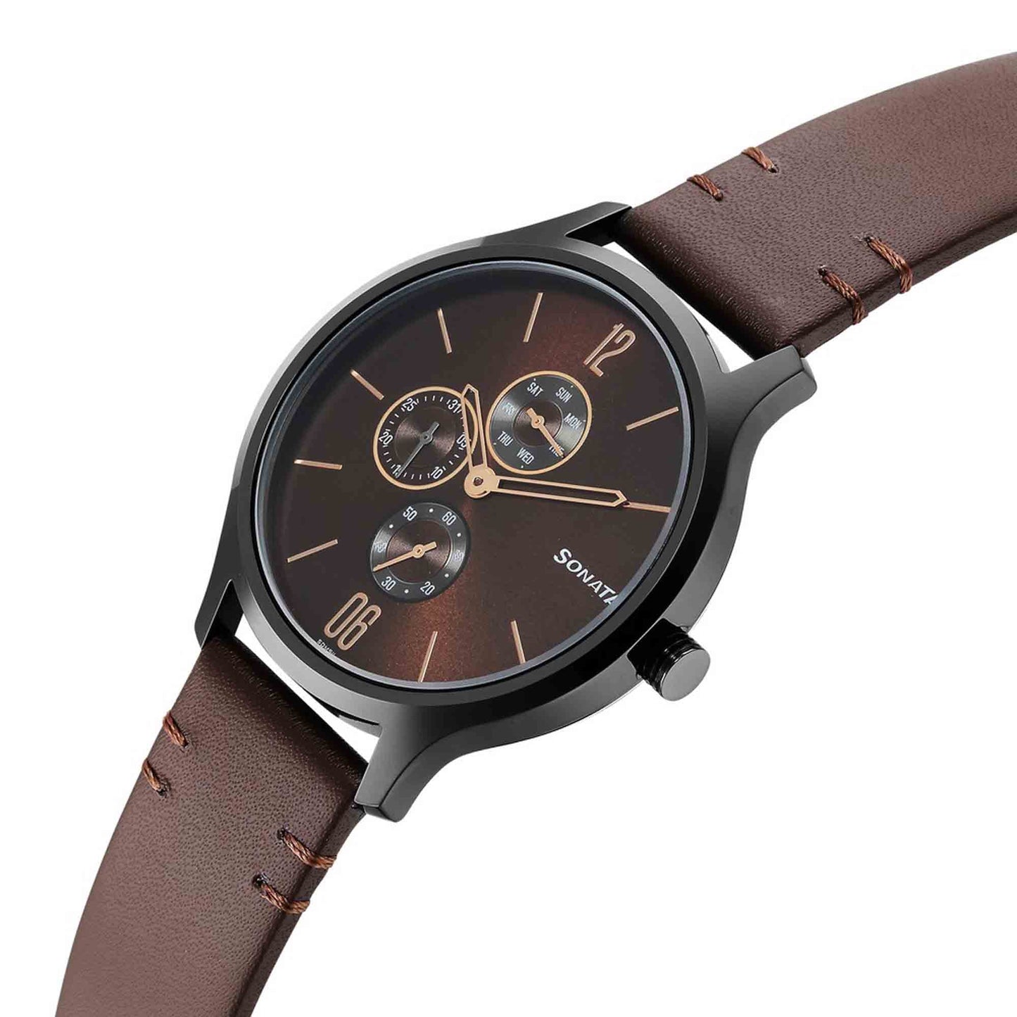 Sonata Quartz Multifunction Brown Dial Leather Strap Watch for Men