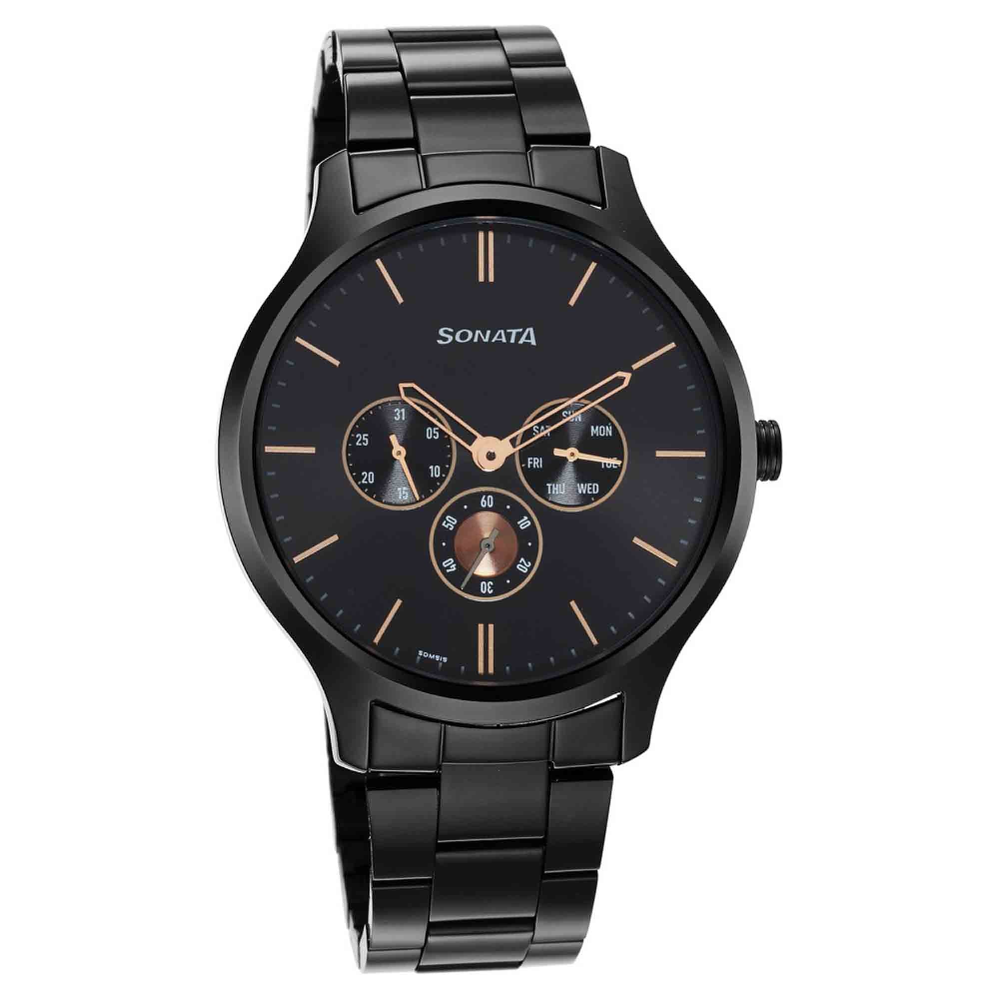 Sonata Quartz Multifunction Black Dial Stainless Steel Strap Watch for Men