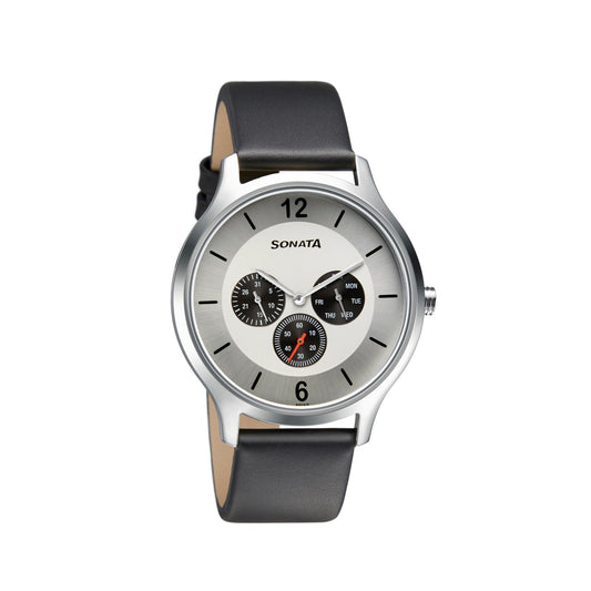 Sonata Quartz Analog Silver Dial Leather Strap Watch for Men