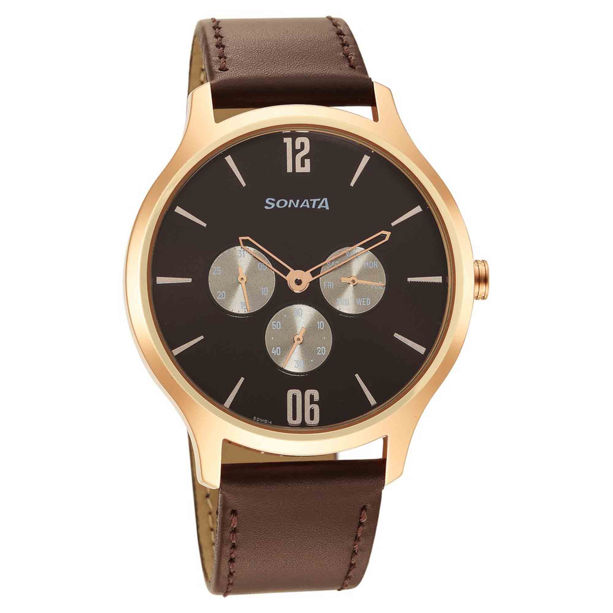 Sonata Quartz Multifunction Brown Dial Leather Strap Watch for Men