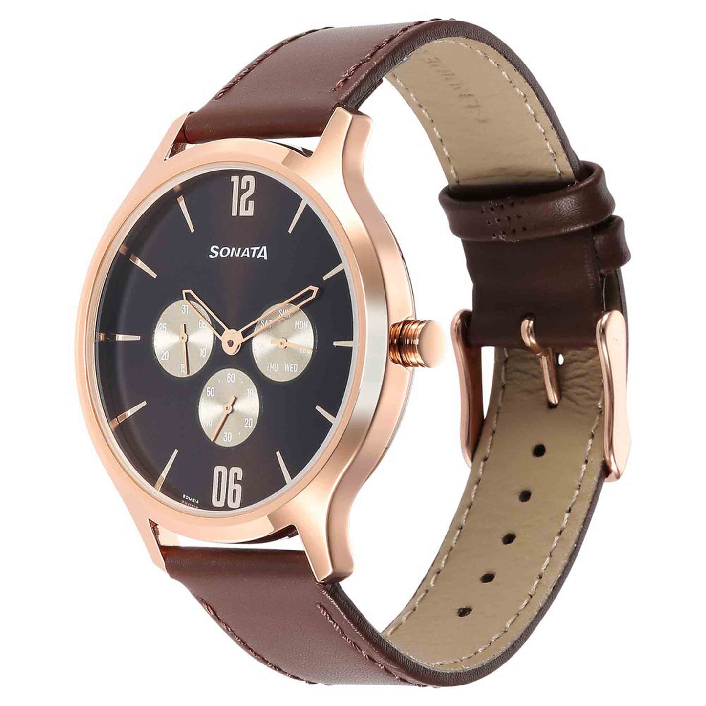 Sonata Quartz Multifunction Brown Dial Leather Strap Watch for Men