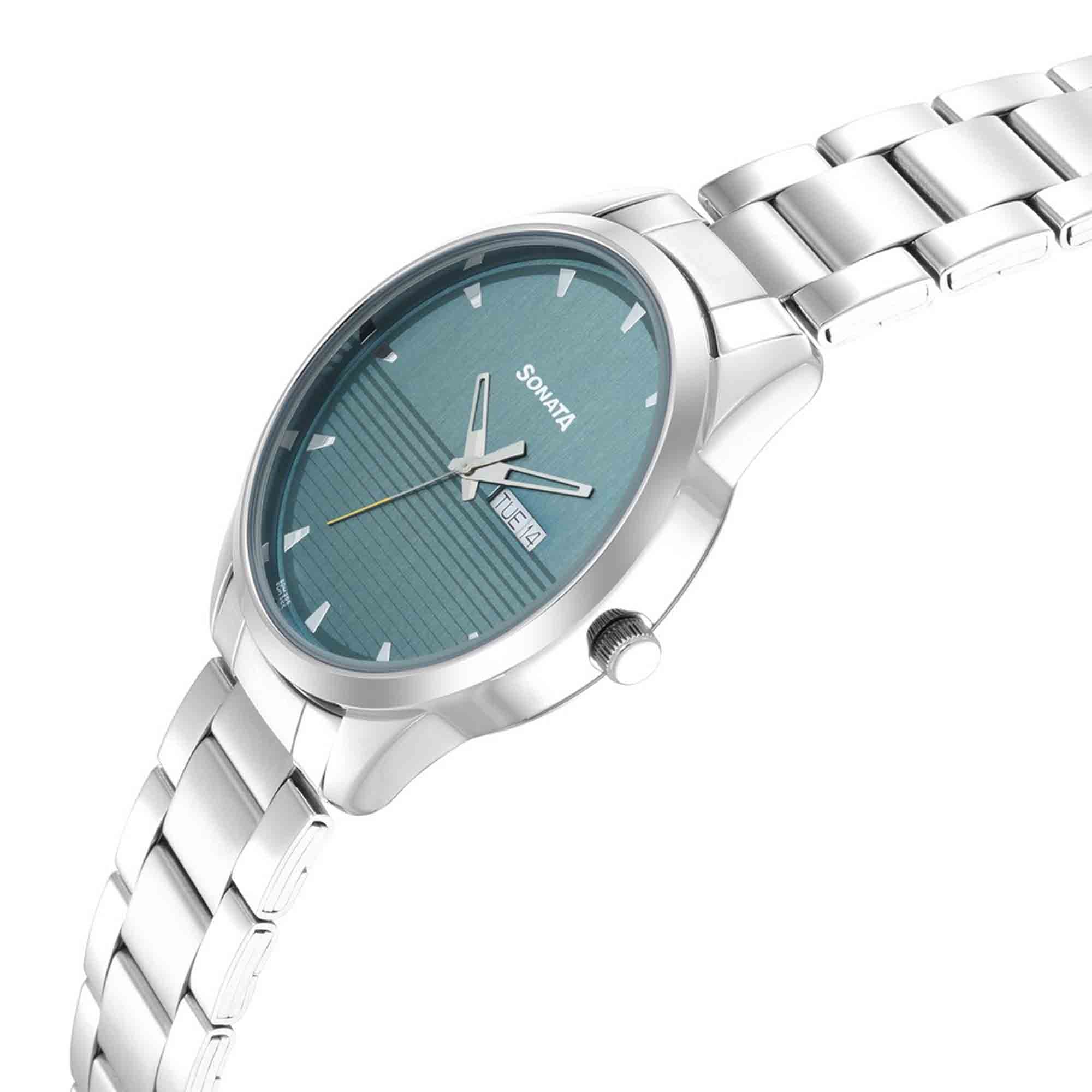 Sonata Quartz Analog with Day and Date Blue Dial Stainless Steel Strap Watch for Men