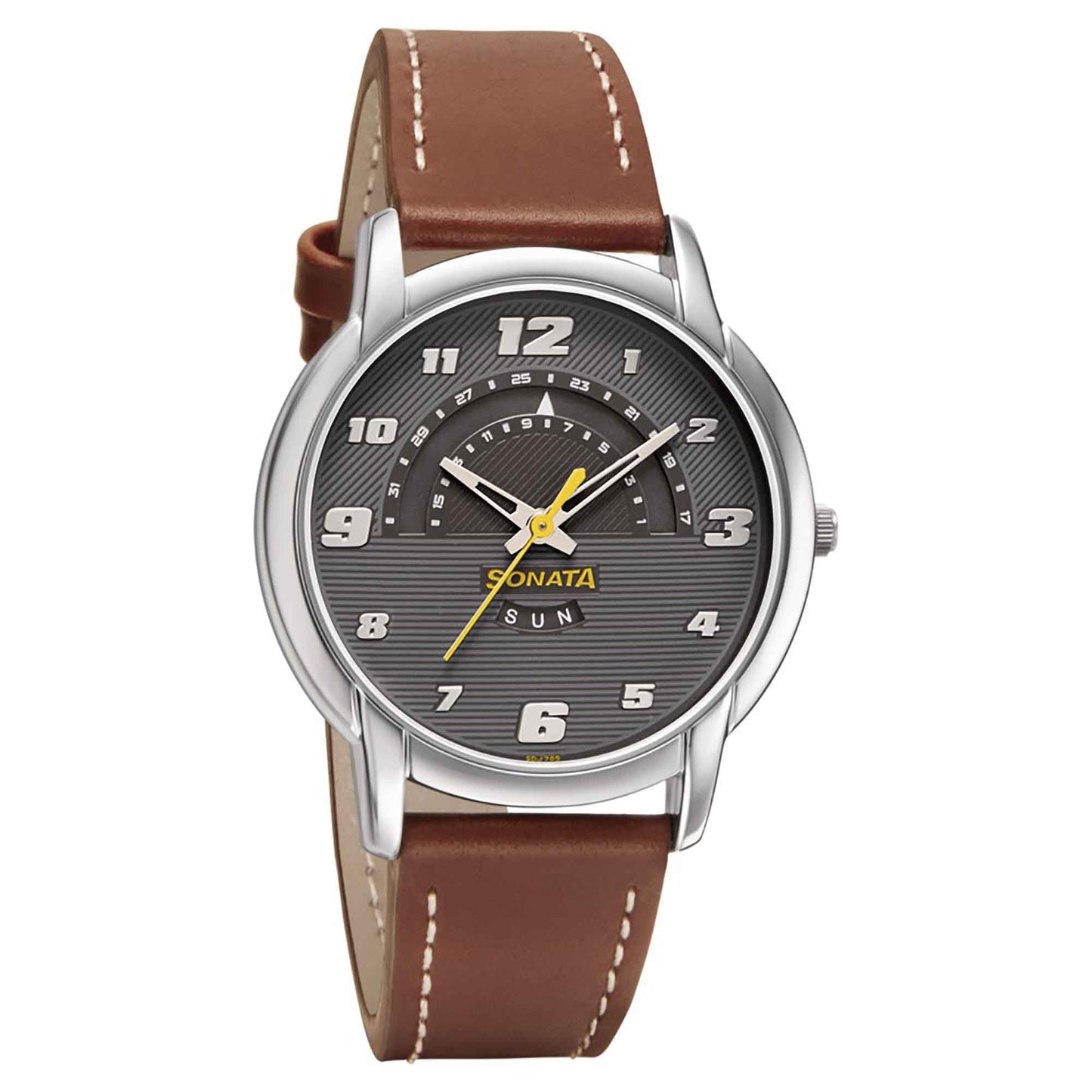 Sonata Quartz Analog with Day and Date Anthracite Dial Leather Strap Watch for Men