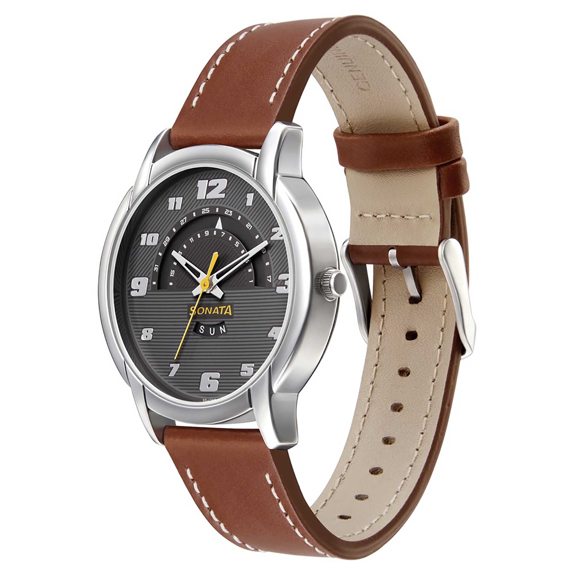 Sonata Quartz Analog with Day and Date Anthracite Dial Leather Strap Watch for Men