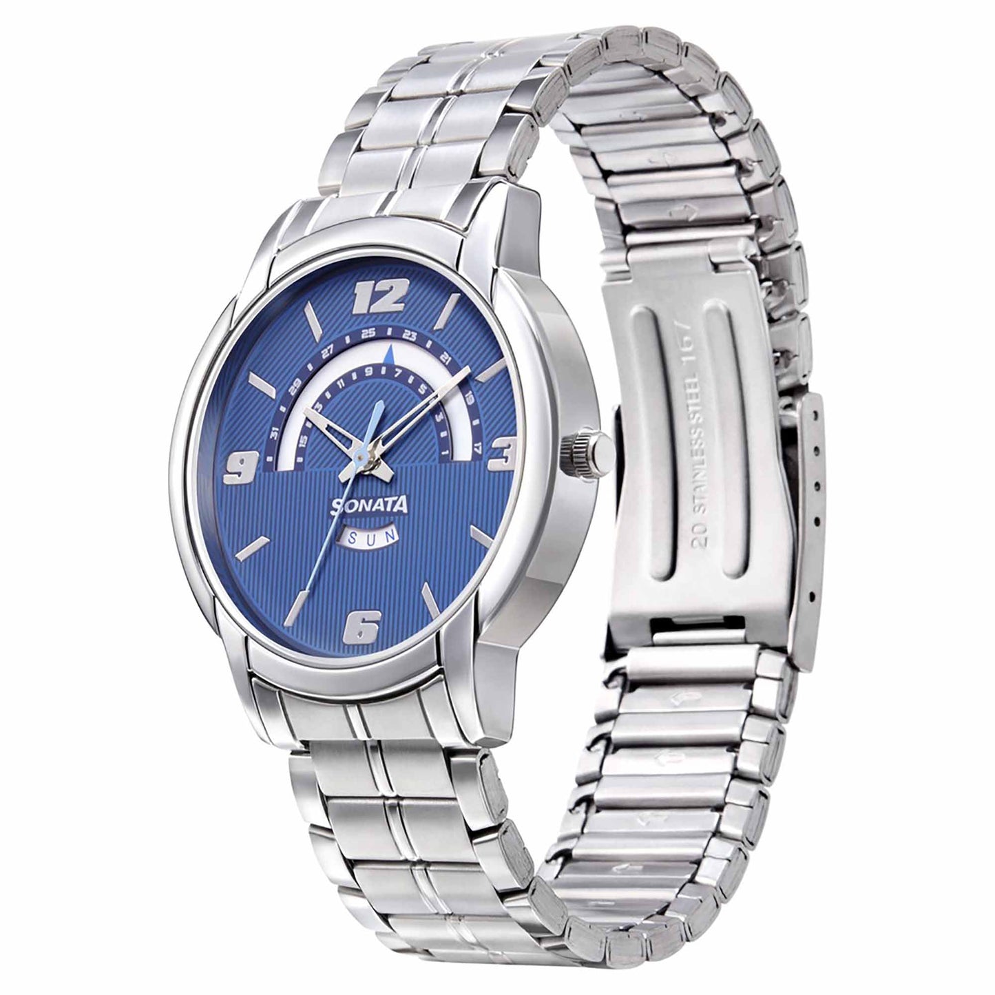 Sonata Quartz Analog with Day and Date Blue Dial Metal Strap Watch for Men