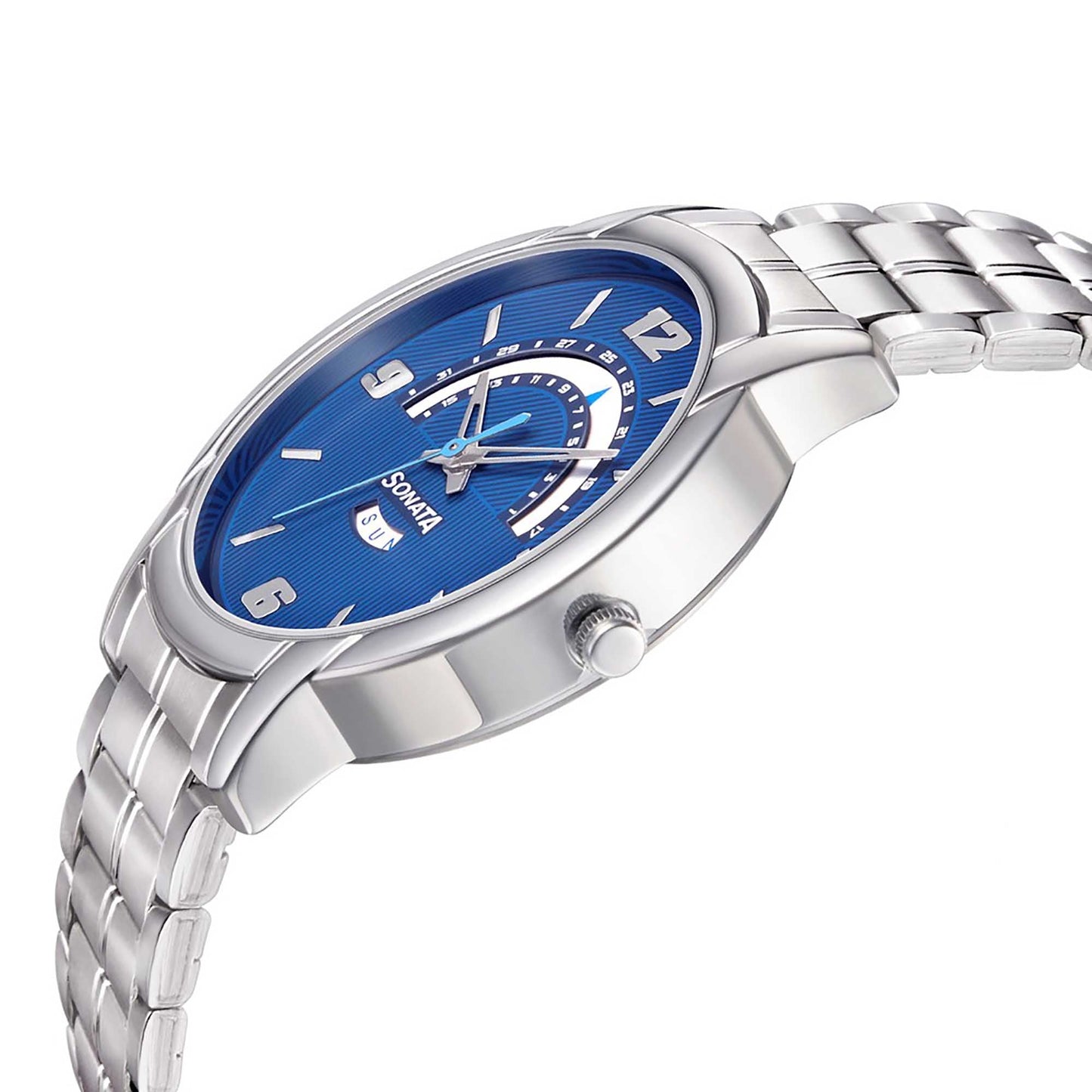 Sonata Quartz Analog with Day and Date Blue Dial Metal Strap Watch for Men