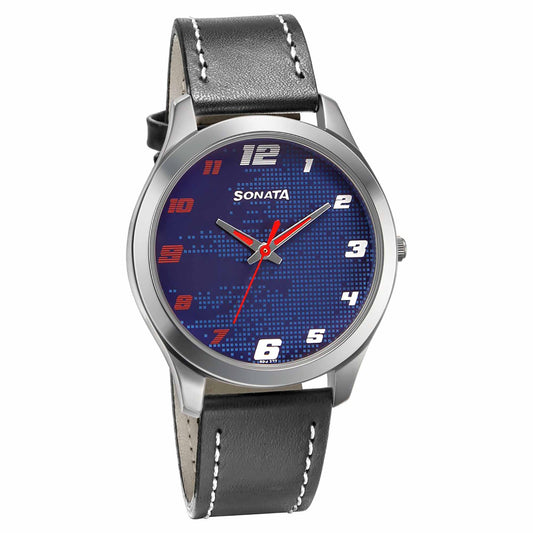 Sonata Quartz Analog Blue Dial Leather Strap Watch for Men