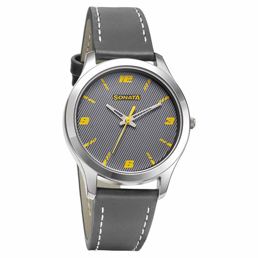 Sonata Quartz Analog Grey Dial Leather Strap Watch for Men