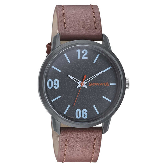 Sonata Quartz Analog Grey Dial Leather Strap Watch for Men