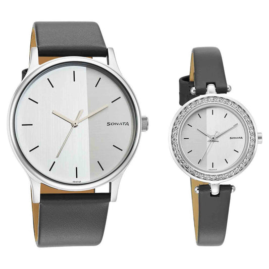 Sonata Quartz Analog Silver Dial Leather Strap Watch for Couple