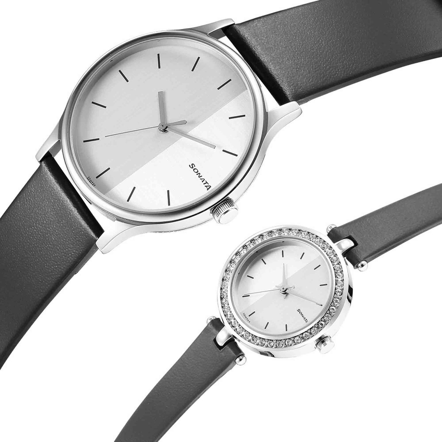 Sonata Quartz Analog Silver Dial Leather Strap Watch for Couple