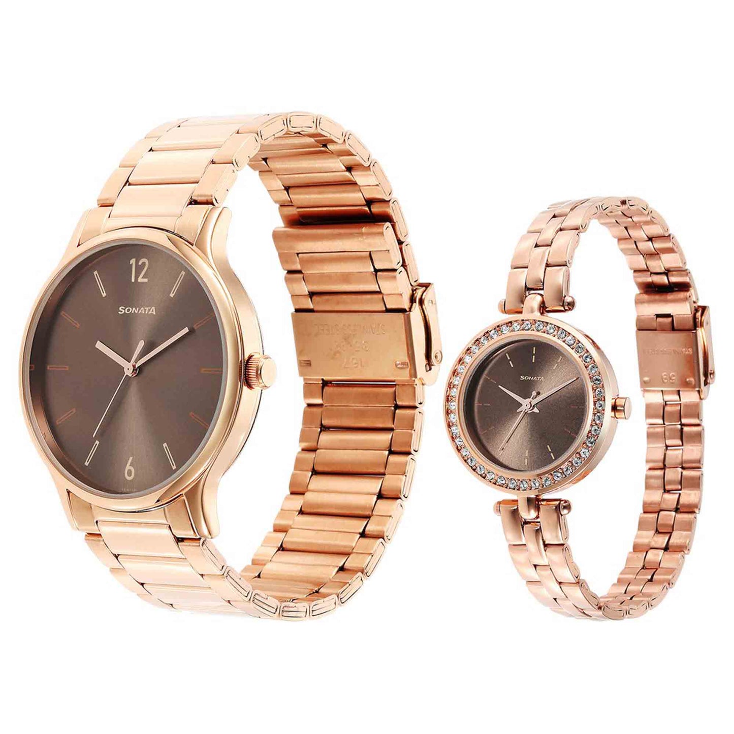 Sonata Quartz Analog Brown Dial Stainless Steel Strap Watch for Couple