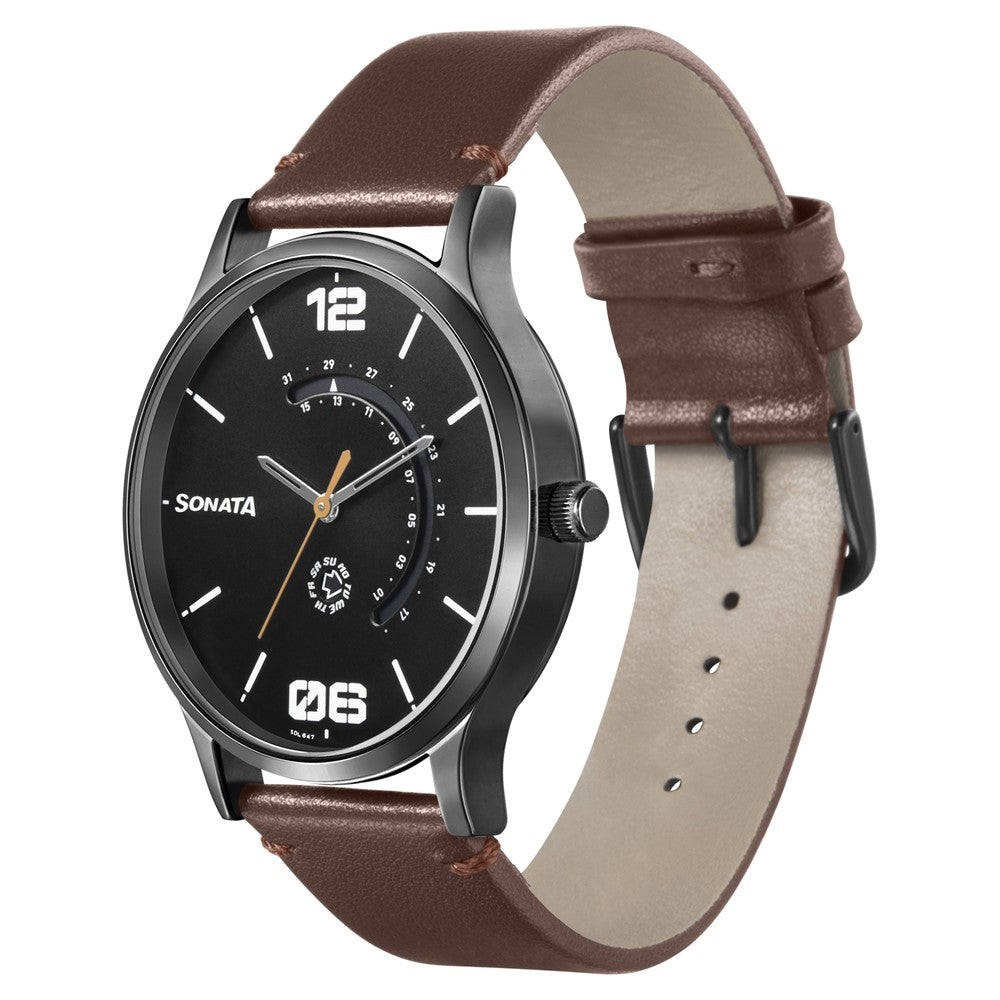 Sonata Quartz Analog with Day and Date Brown Dial Leather Strap Watch for Men