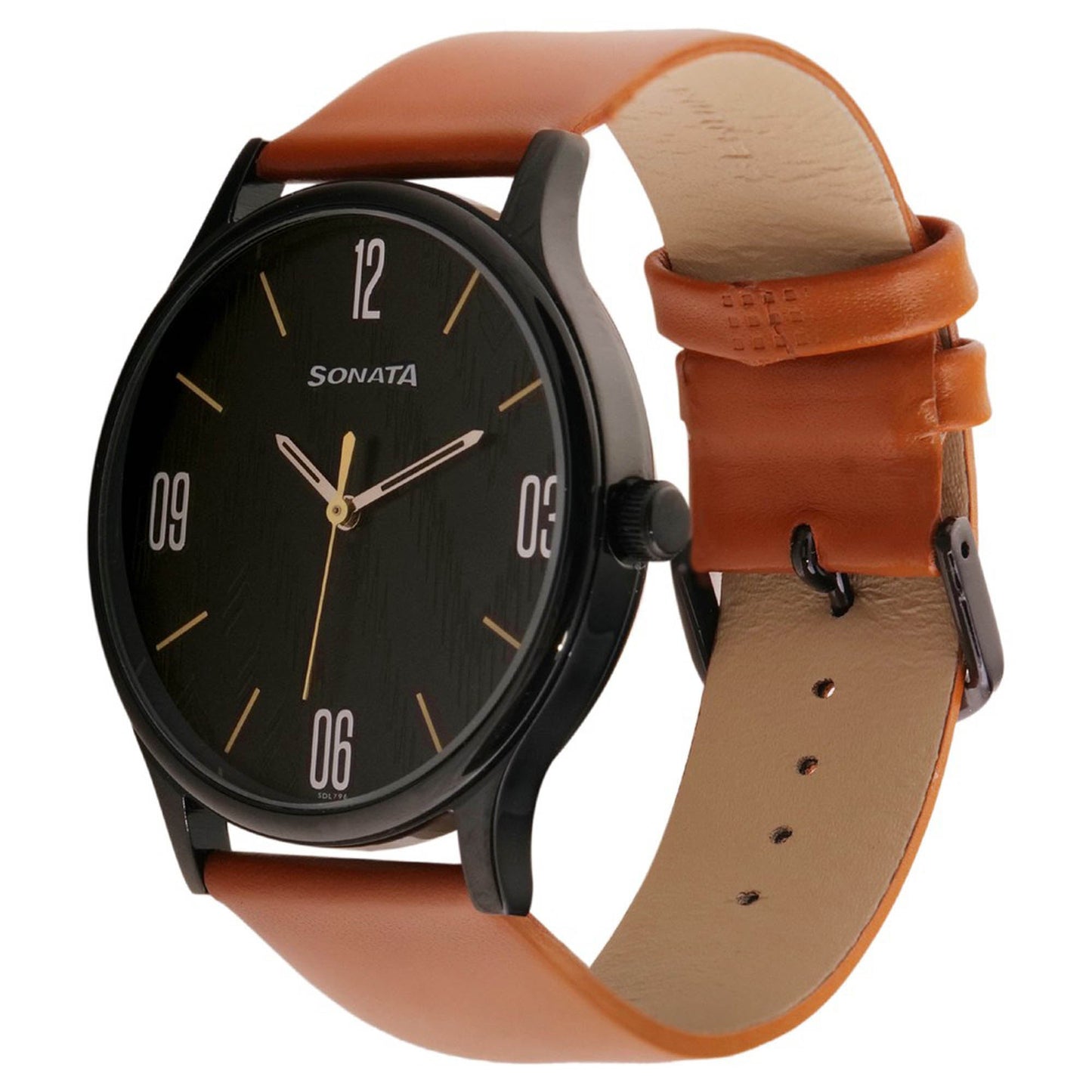 Sonata Quartz Analog Black Dial Leather Strap Watch for Men