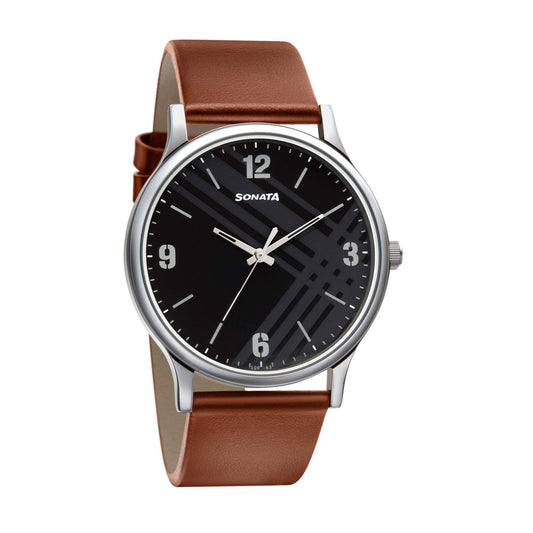 Sonata Quartz Analog Black Dial Leather Strap Watch for Men