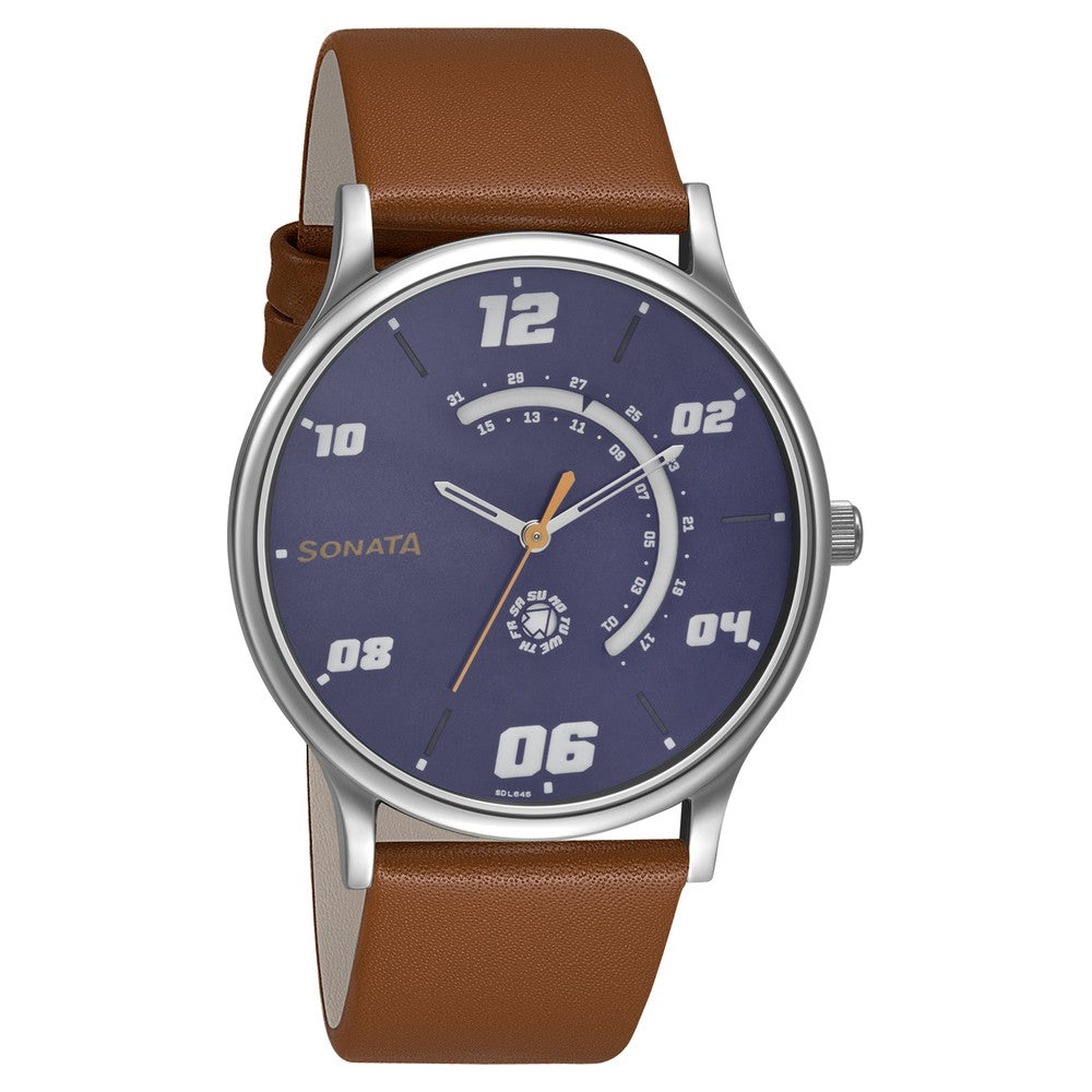 Sonata Quartz Analog with Day and Date Blue Dial Leather Strap Watch for Men