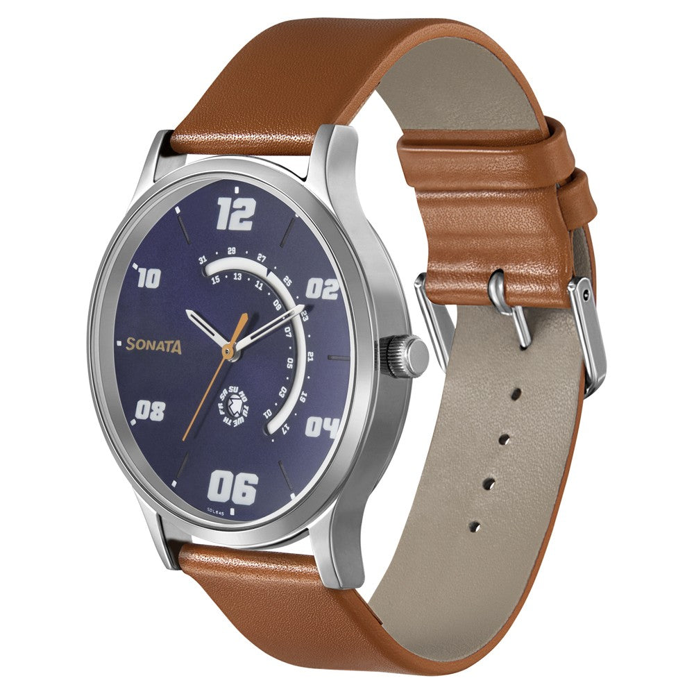 Sonata Quartz Analog with Day and Date Blue Dial Leather Strap Watch for Men