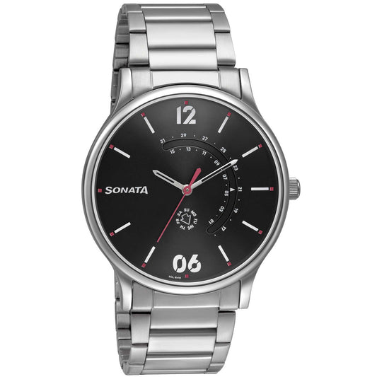 Sonata Quartz Analog with Day and Date Brown Dial Stainless Steel Strap Watch for Men