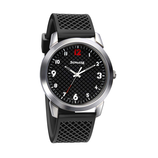 Sonata Quartz Analog Black Dial TPU Strap Watch for Men