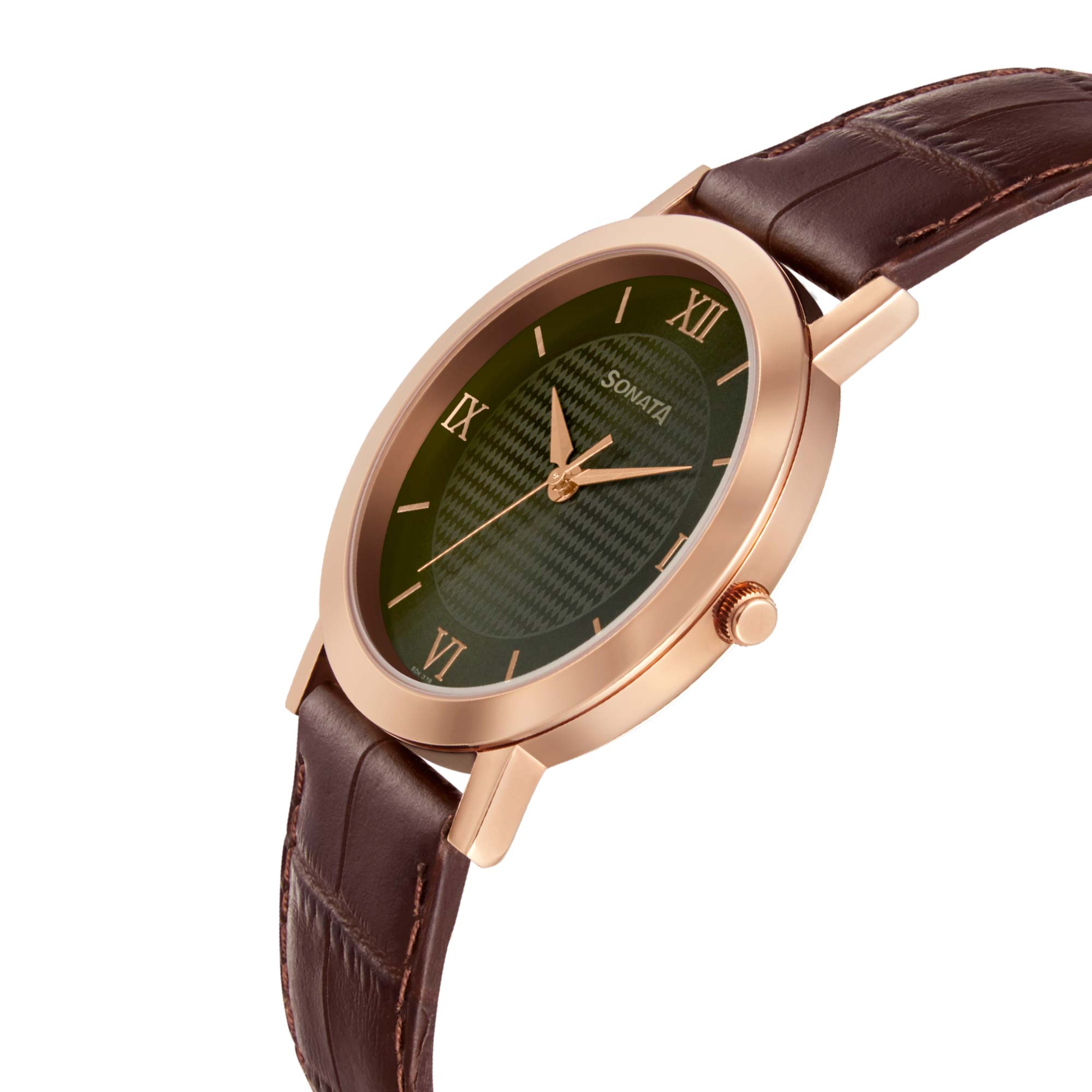 Sonata Quartz Analog Green Dial Leather Strap Watch for Men