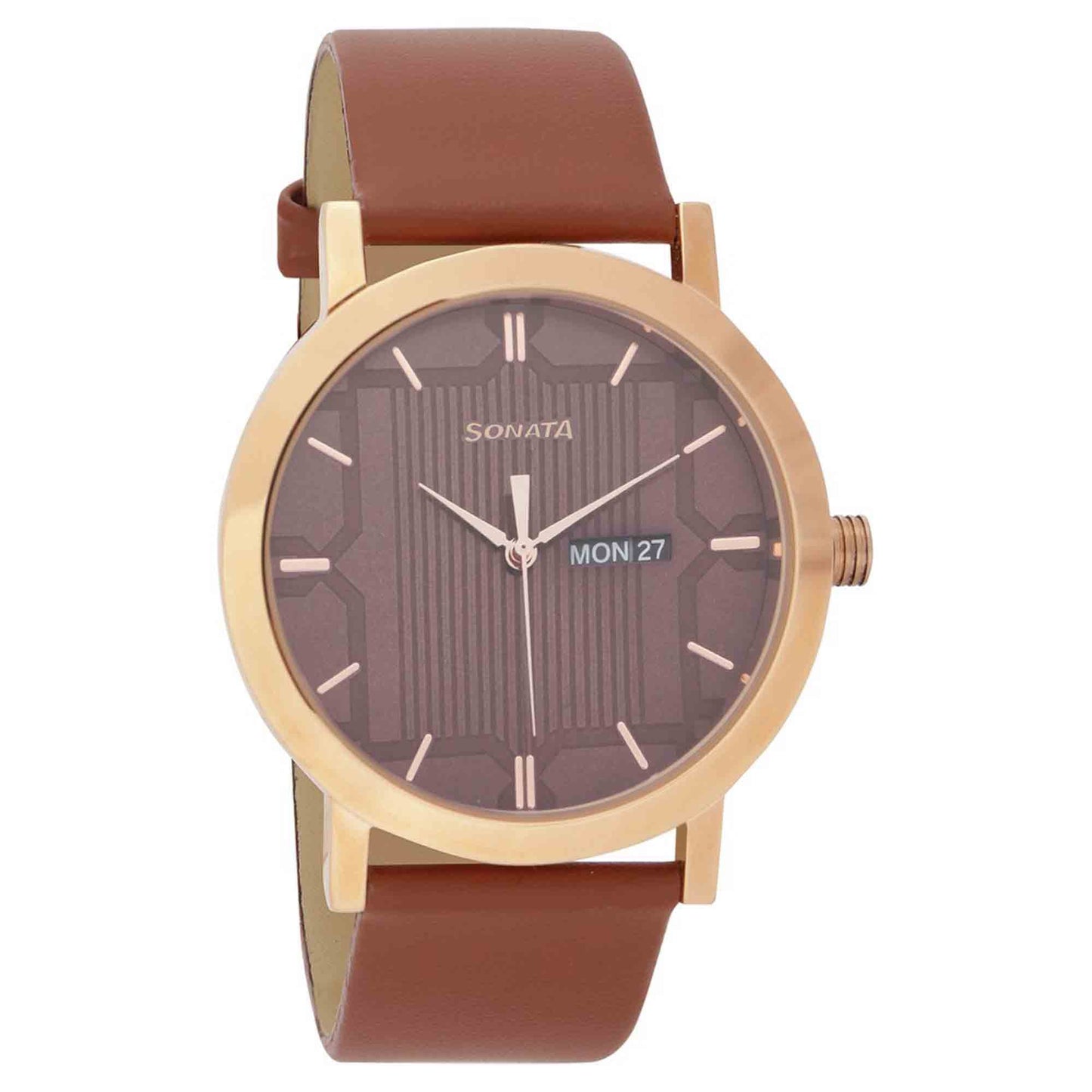Sonata Quartz Analog with Day and Date Brown Dial Leather Strap Watch for Men
