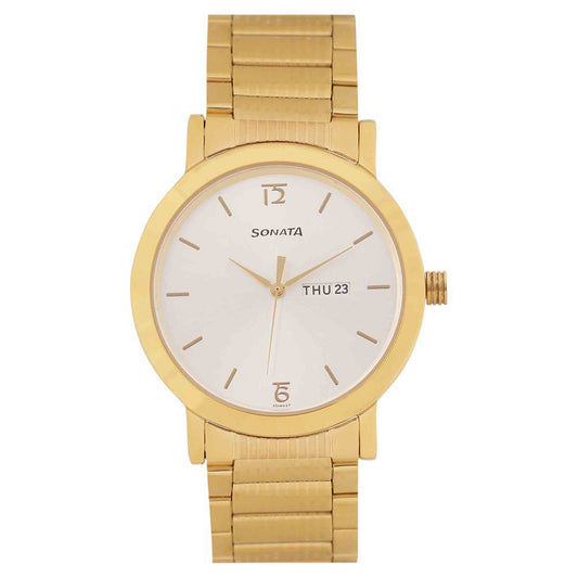Sonata Quartz Analog with Day and Date White Dial Stainless Steel Strap Watch for Men
