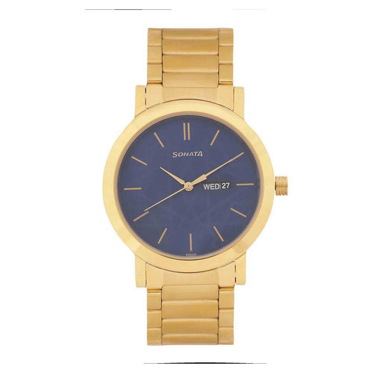 Sonata Quartz Analog with Day and Date Blue Dial Stainless Steel Strap Watch for Men
