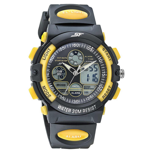 SF Quartz Digital Analog Digital Black Dial PU Strap Watch for Men