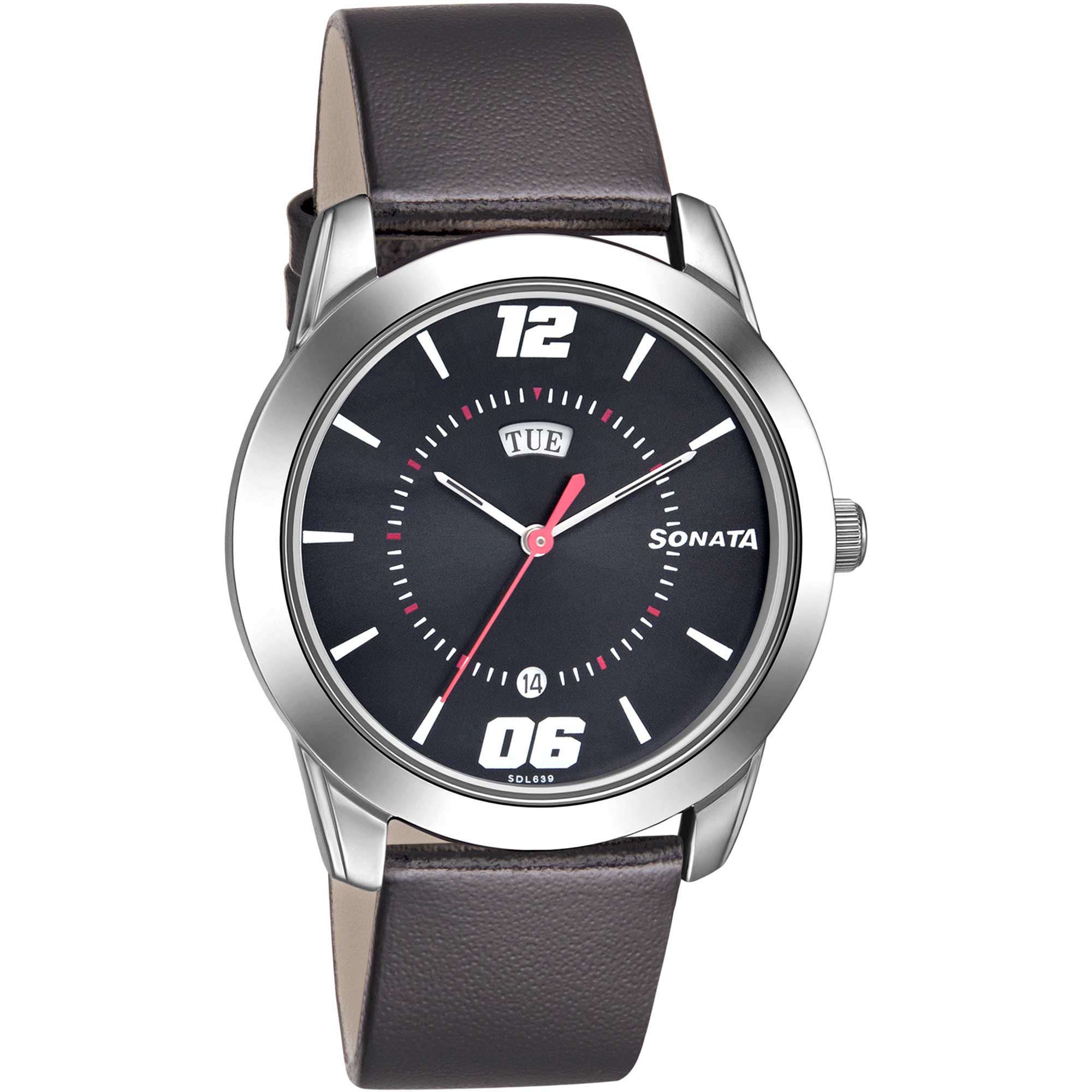 Sonata Quartz Analog with Day and Date Black Dial Leather Strap Watch for Men