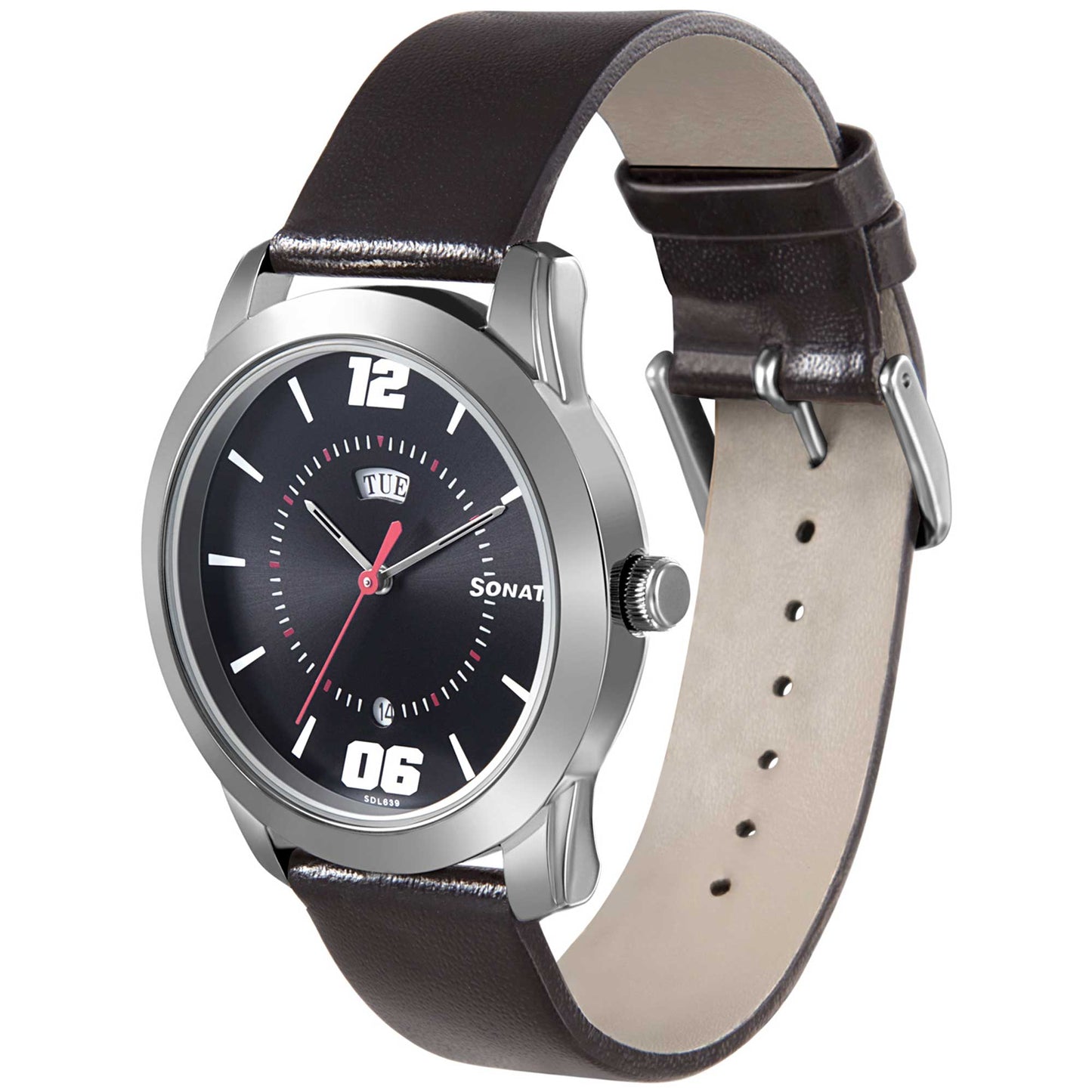Sonata Quartz Analog with Day and Date Black Dial Leather Strap Watch for Men
