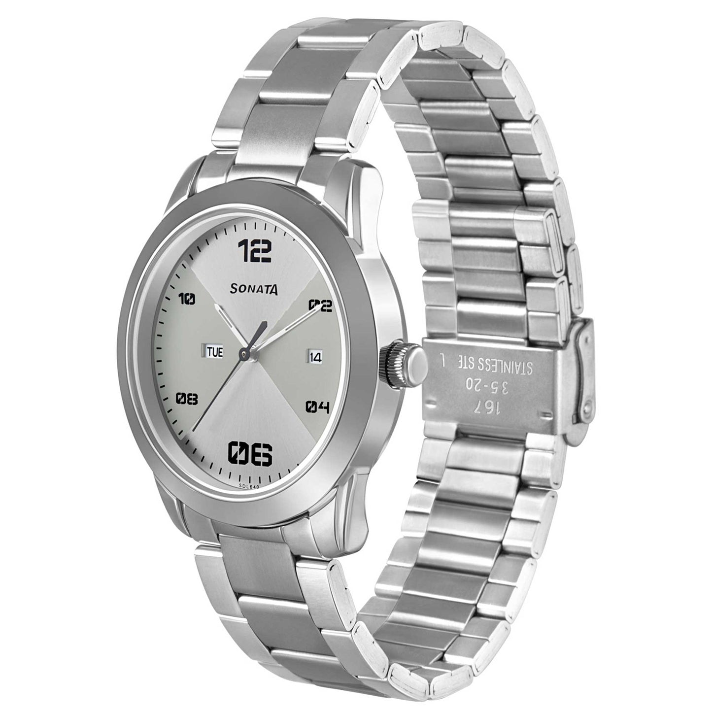 Sonata Quartz Analog with Day and Date Silver Dial Stainless Steel Strap Watch for Men
