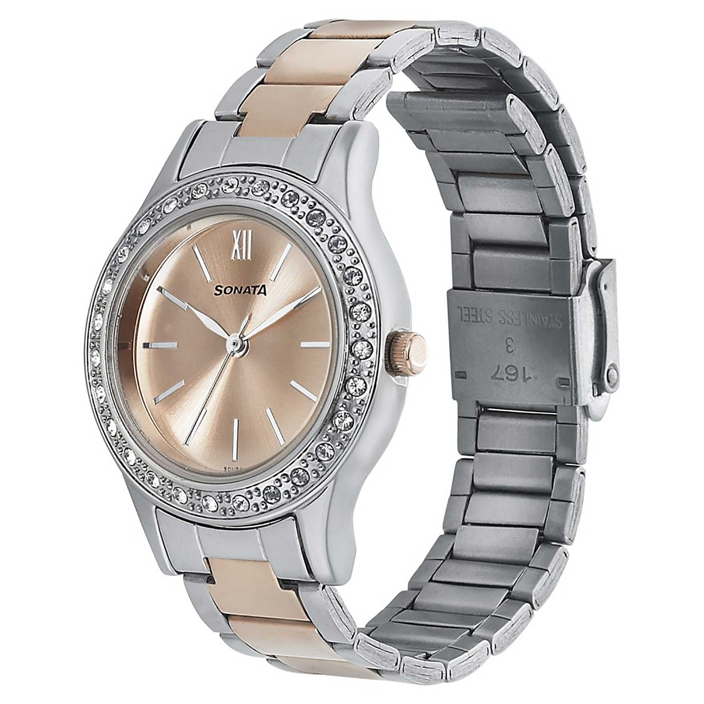 Sonata Blush Rose Gold Dial Women Watch With Stainless Steel Strap