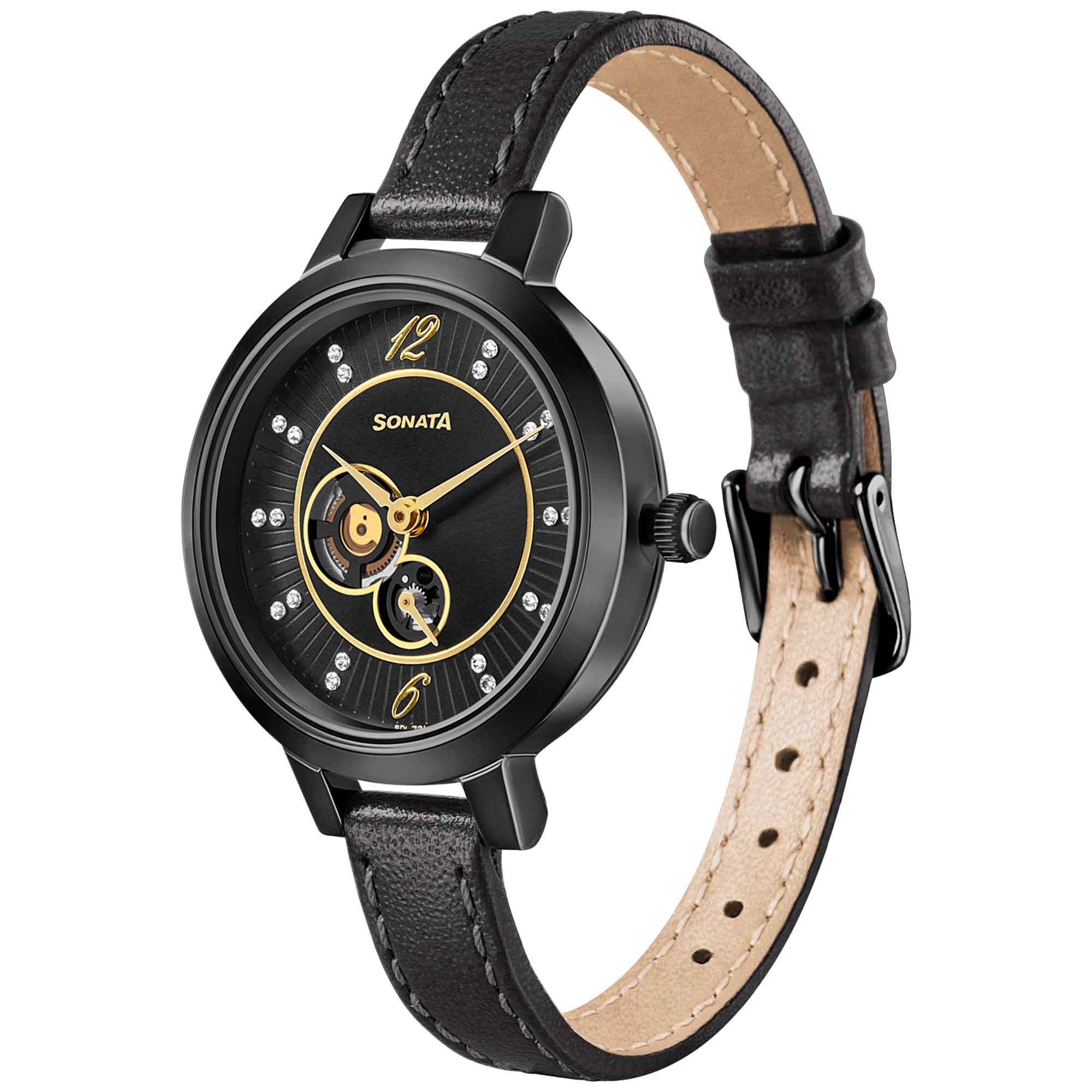 Sonata Unveil Black Dial Women Watch With Leather Strap