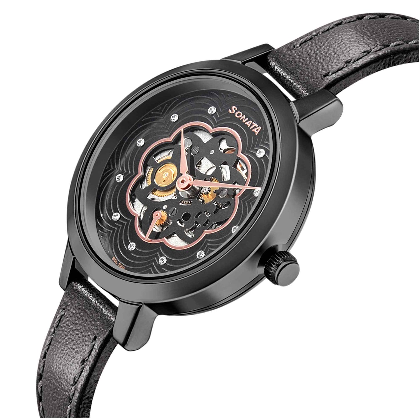 Sonata Unveil Black Dial Women Watch With Leather Strap