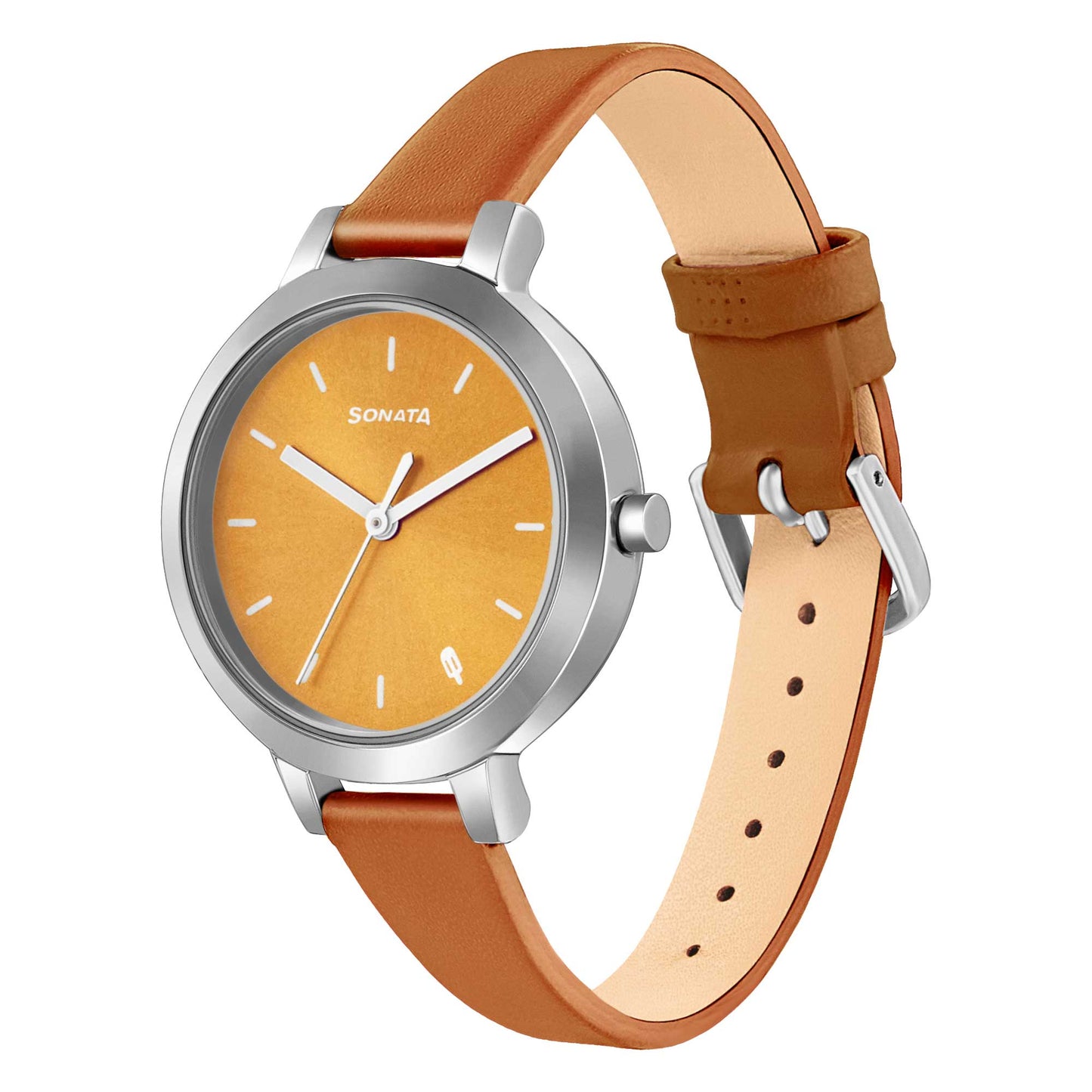 Sonata Play Yellow Dial Women Watch With Leather Strap