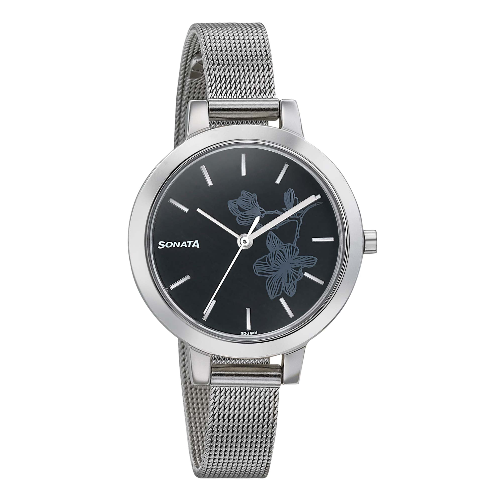 Sonata Silver Lining Black Dial Women Watch With Stainless Steel Strap