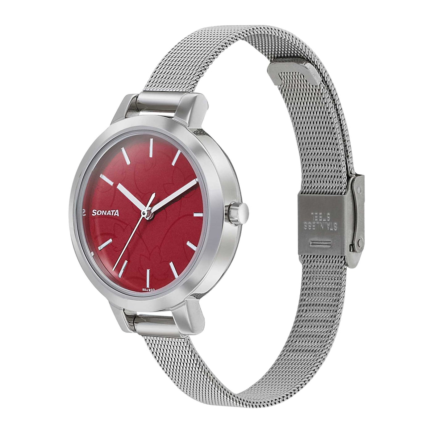 Sonata Silver Lining Red Dial Women Watch With Stainless Steel Strap