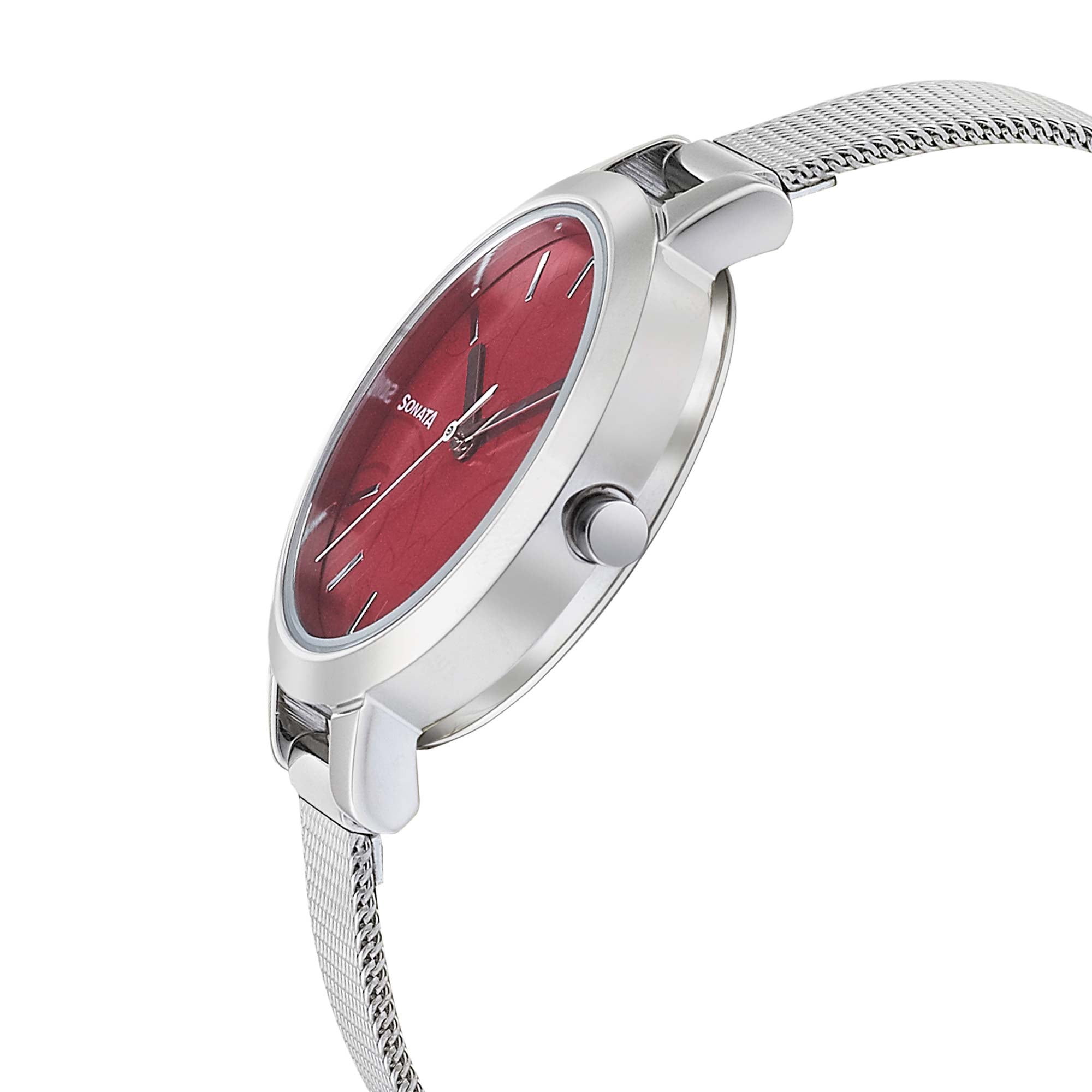 Sonata Silver Lining Red Dial Women Watch With Stainless Steel Strap