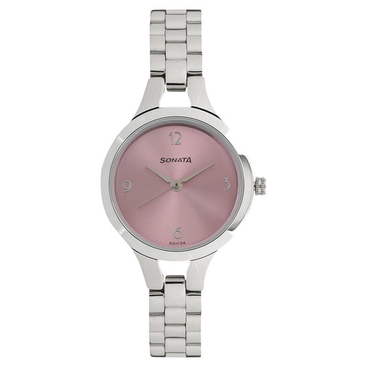 Sonata Steel Daisies Pink Dial Women Watch With Stainless Steel Strap