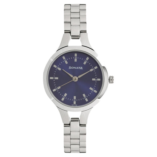 Sonata Steel Daisies Blue Dial Women Watch With Stainless Steel Strap